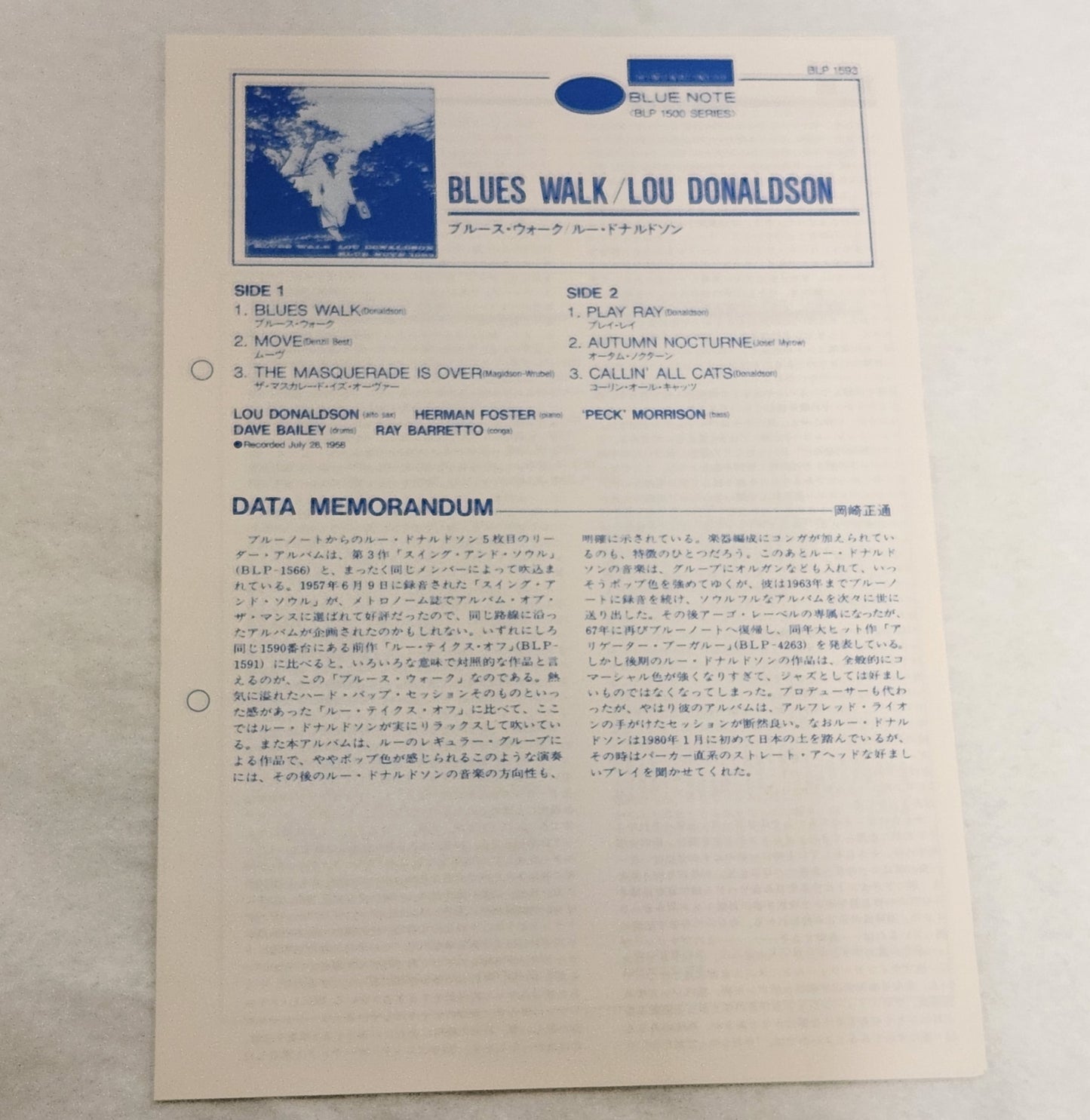 Lou Donaldson "Blues Walk" 1984 Blue Note Japan Reissue Jazz Record Album