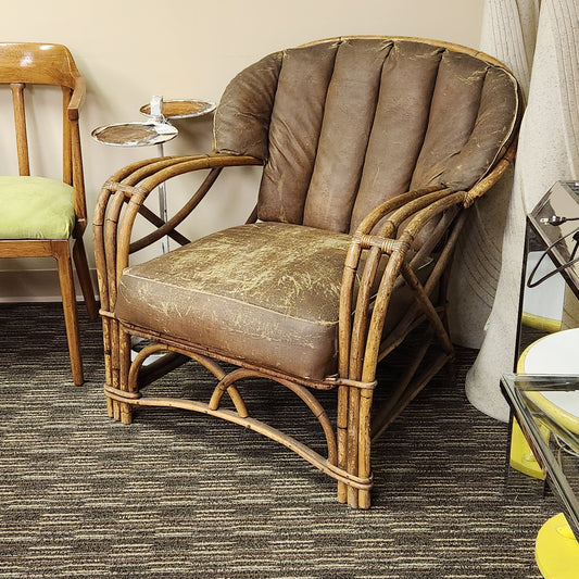 Vintage Bamboo Rattan Upholstered Lounge Chair