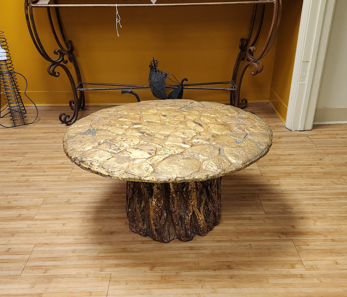 Mid-Century Gilt Faux Rock & Tree Log Side Table