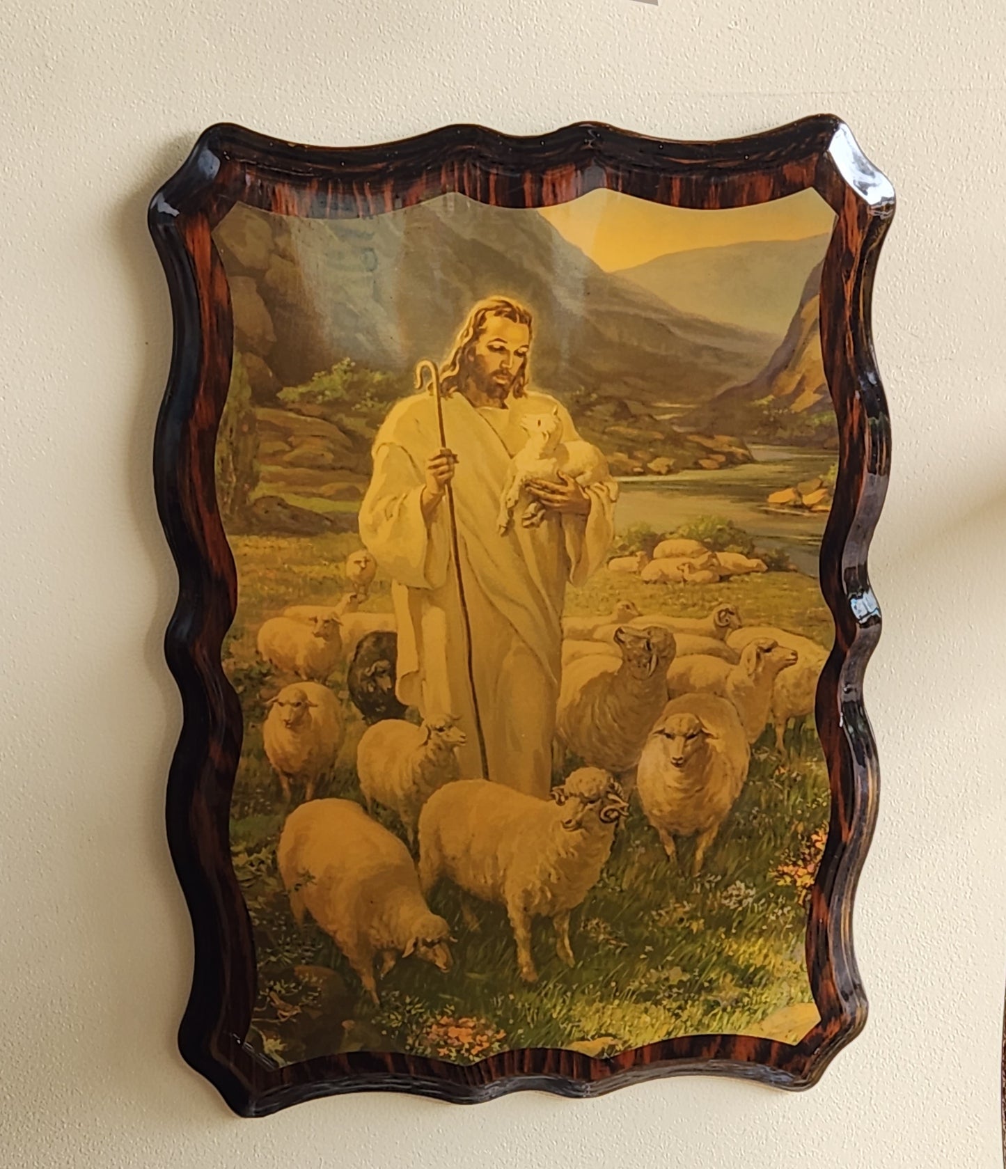 Vintage Religious Lacqured Wood Wall Art Plaque