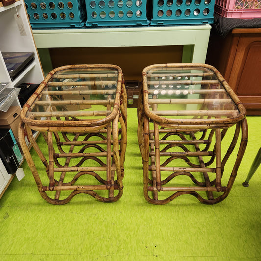 Pair of Vintage Boho Bamboo & Rattan Glass Top Side Tables