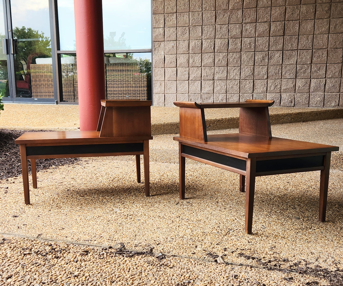 Pair of Mid-Century Modern Two Tier Walnut Step End Tables