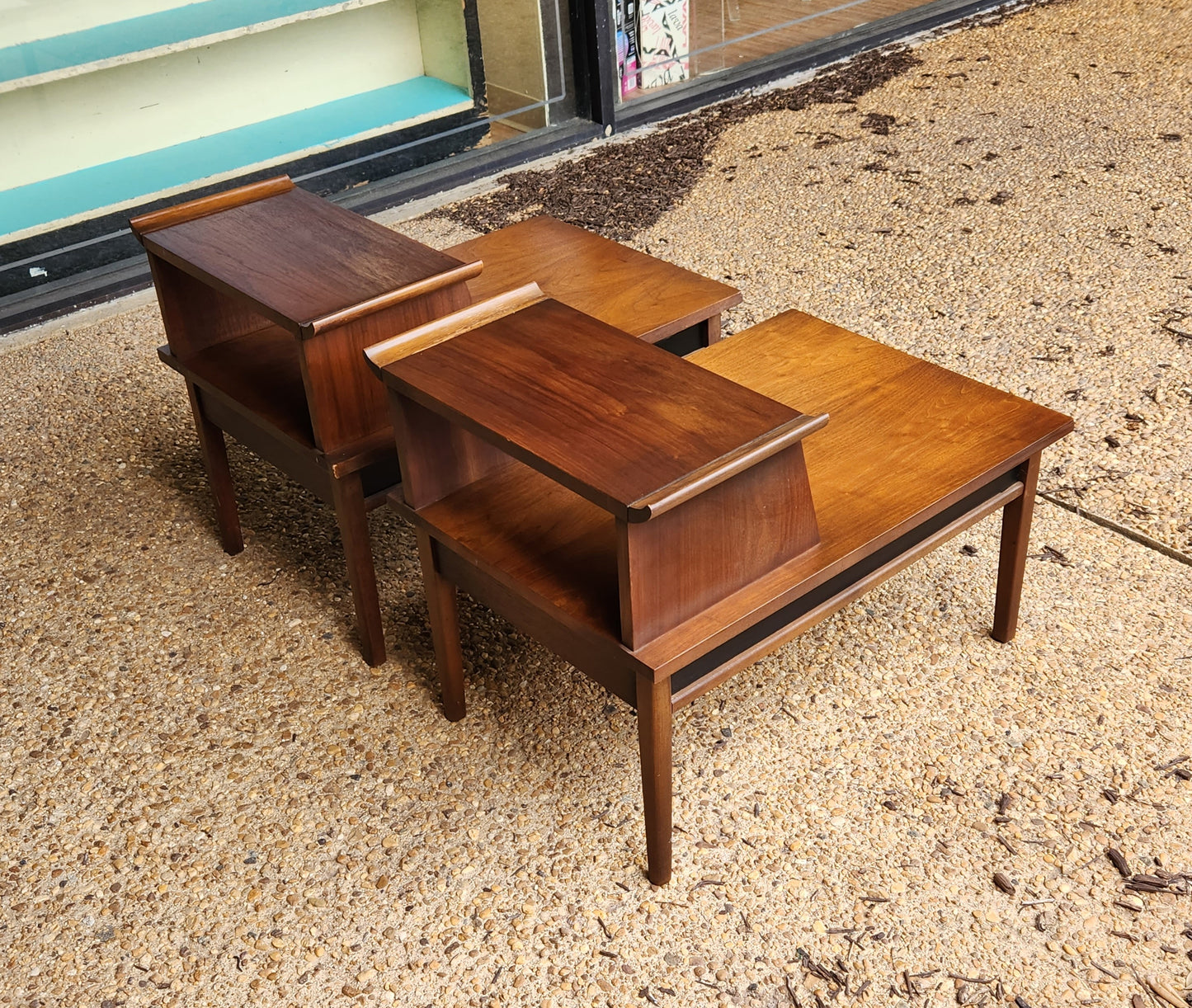 Pair of Mid-Century Modern Two Tier Walnut Step End Tables