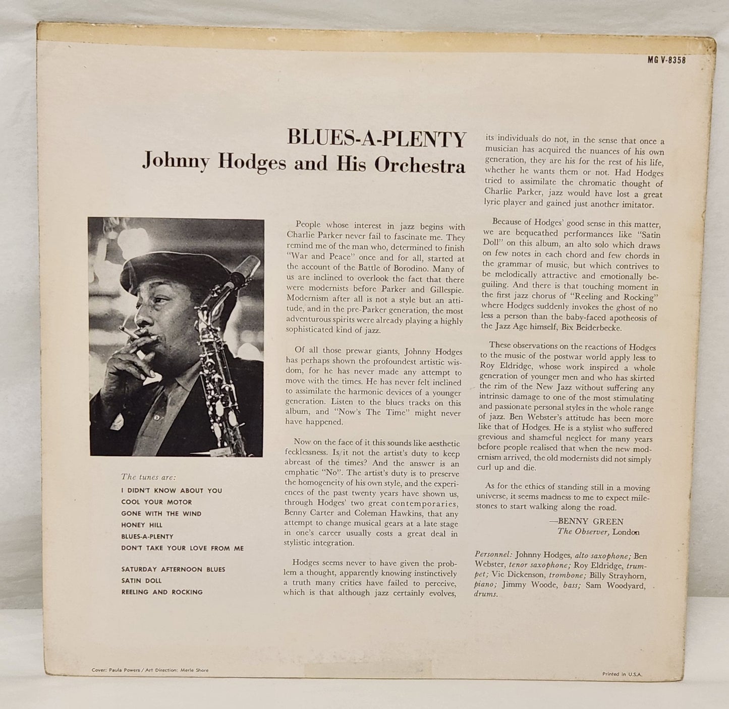 Johnny Hodges & His Orchestra 1958 "Blues-A-Plenty" Jazz Record Album