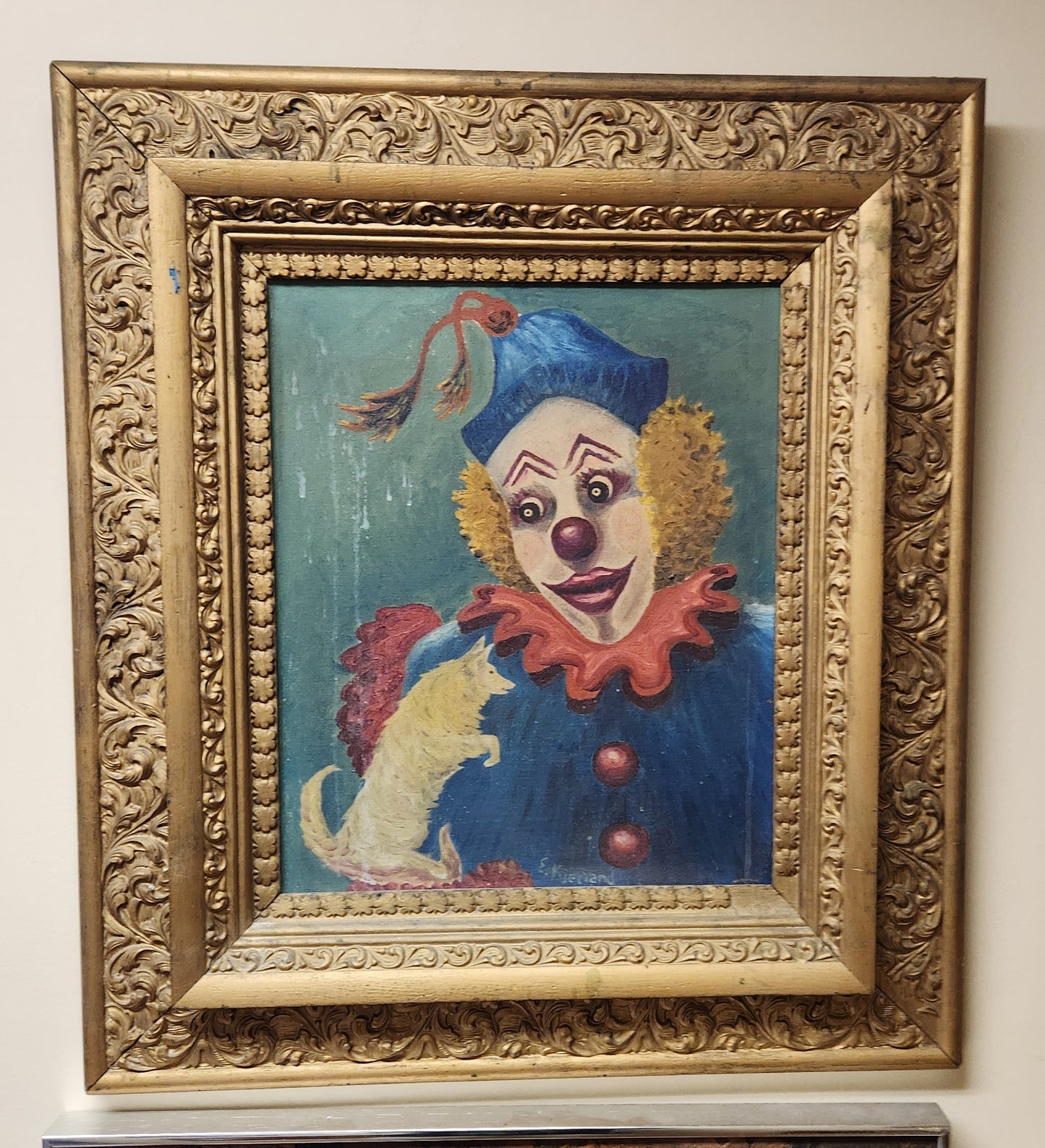 Vintage Artist Signed Clown Holding Dog Oil Painting