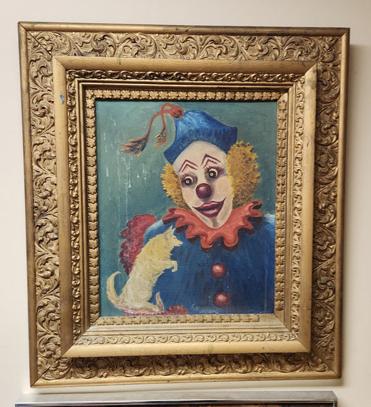 Vintage Artist Signed Clown Holding Dog Oil Painting