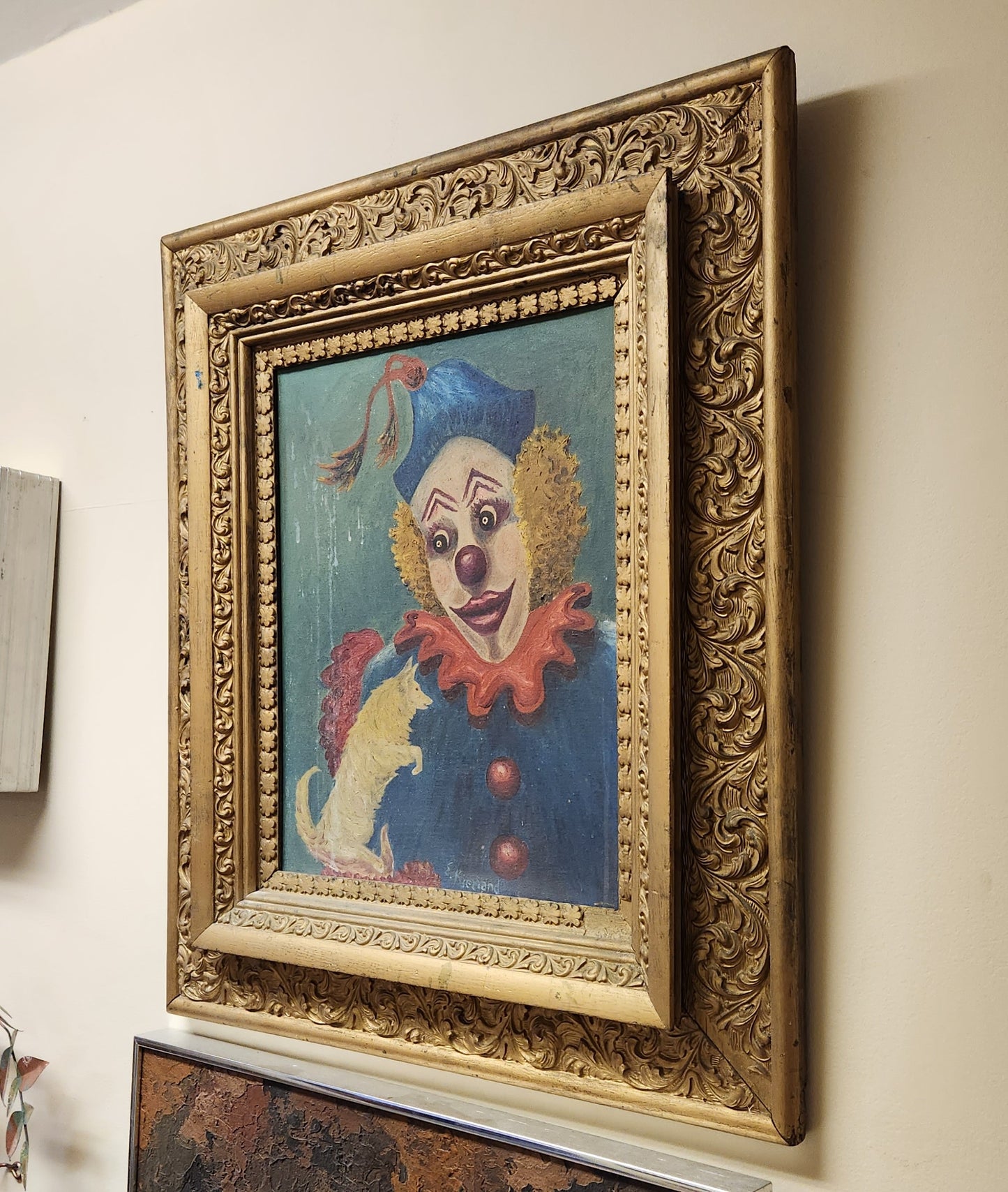 Vintage Artist Signed Clown Holding Dog Oil Painting
