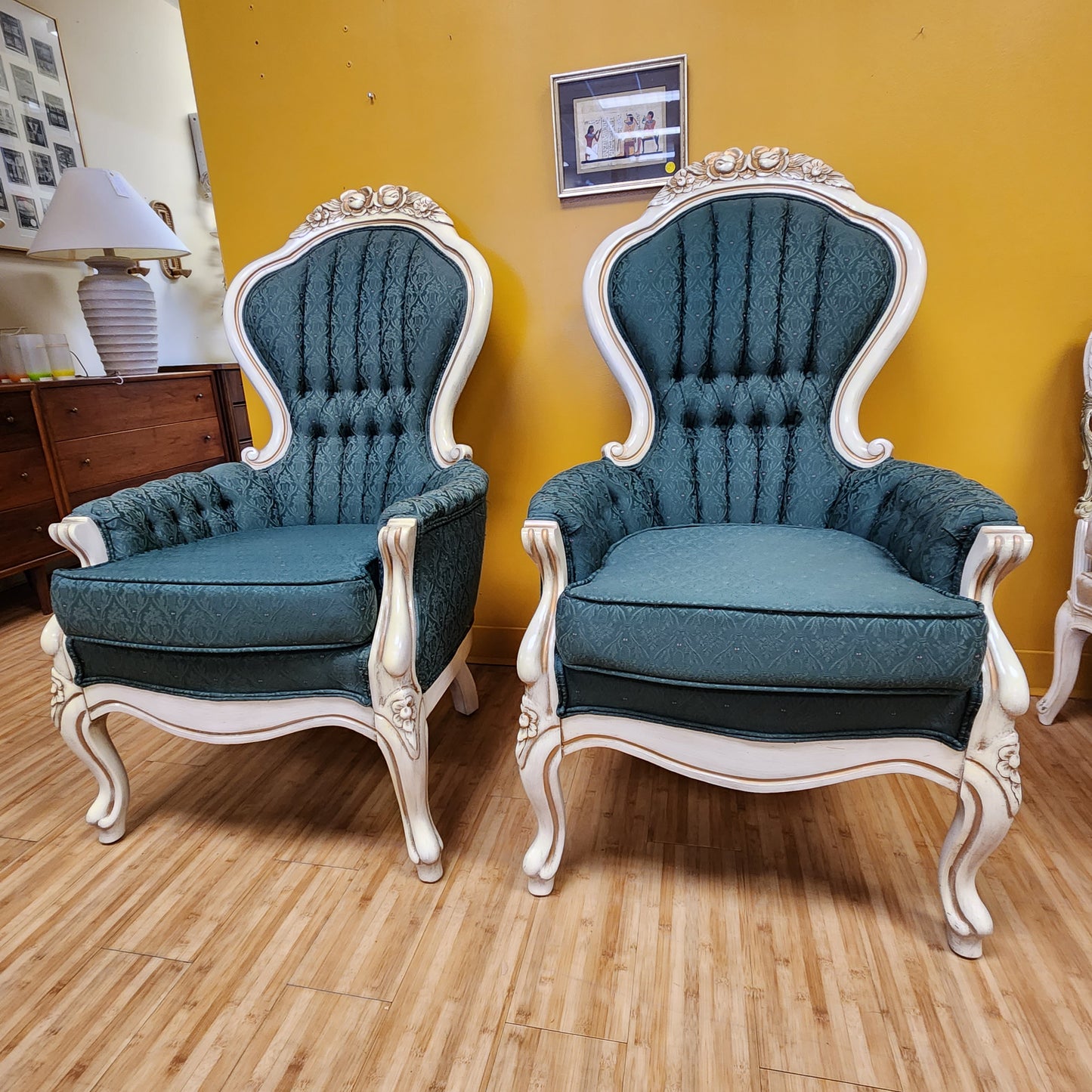 Pair of Vintage French Provincial Style Green High Back Arm Chairs
