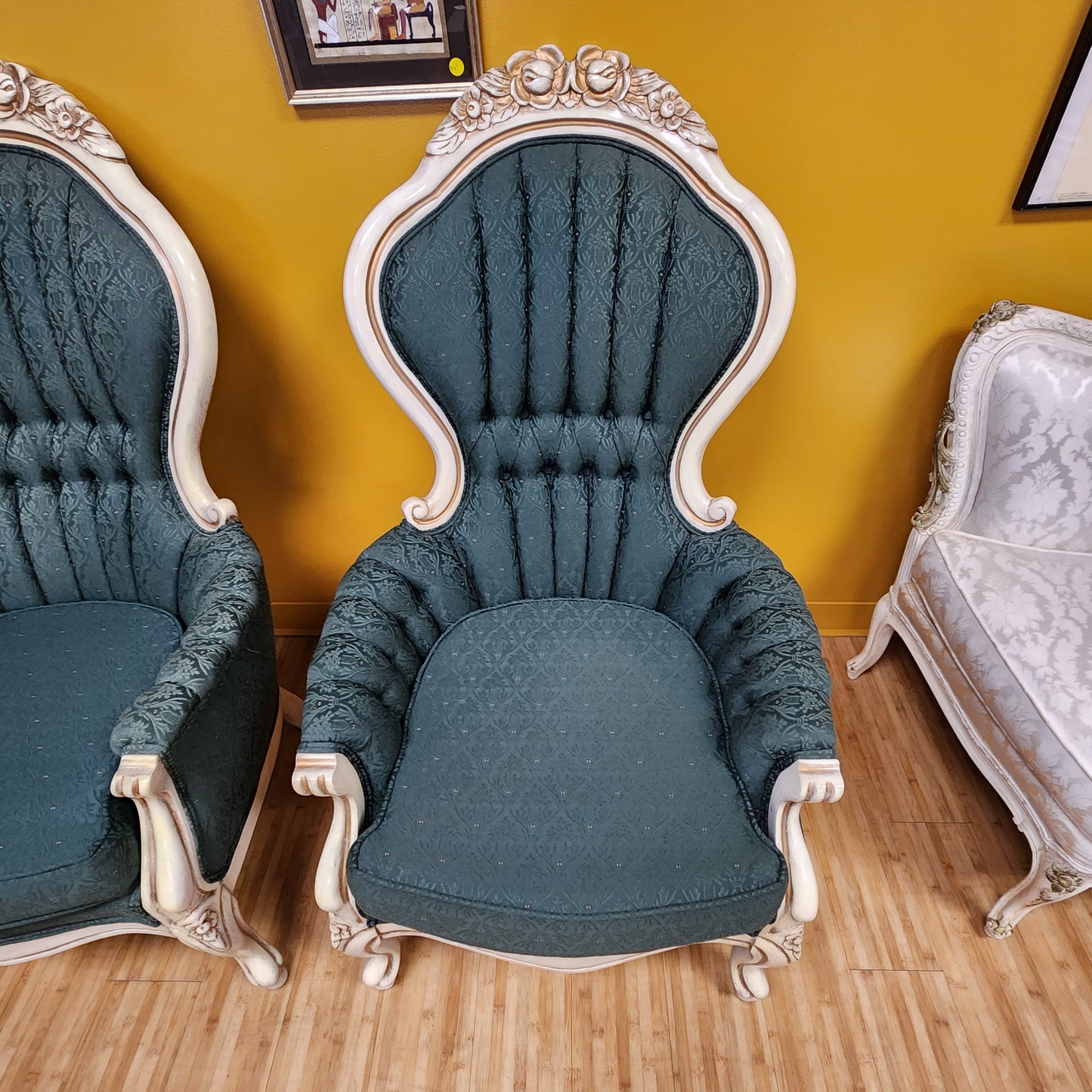 Pair of Vintage French Provincial Style Green High Back Arm Chairs