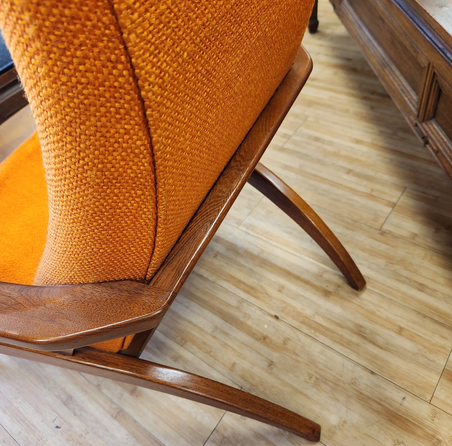 Mid-Century Modern Orange & Walnut Sculptural Lounge Chair
