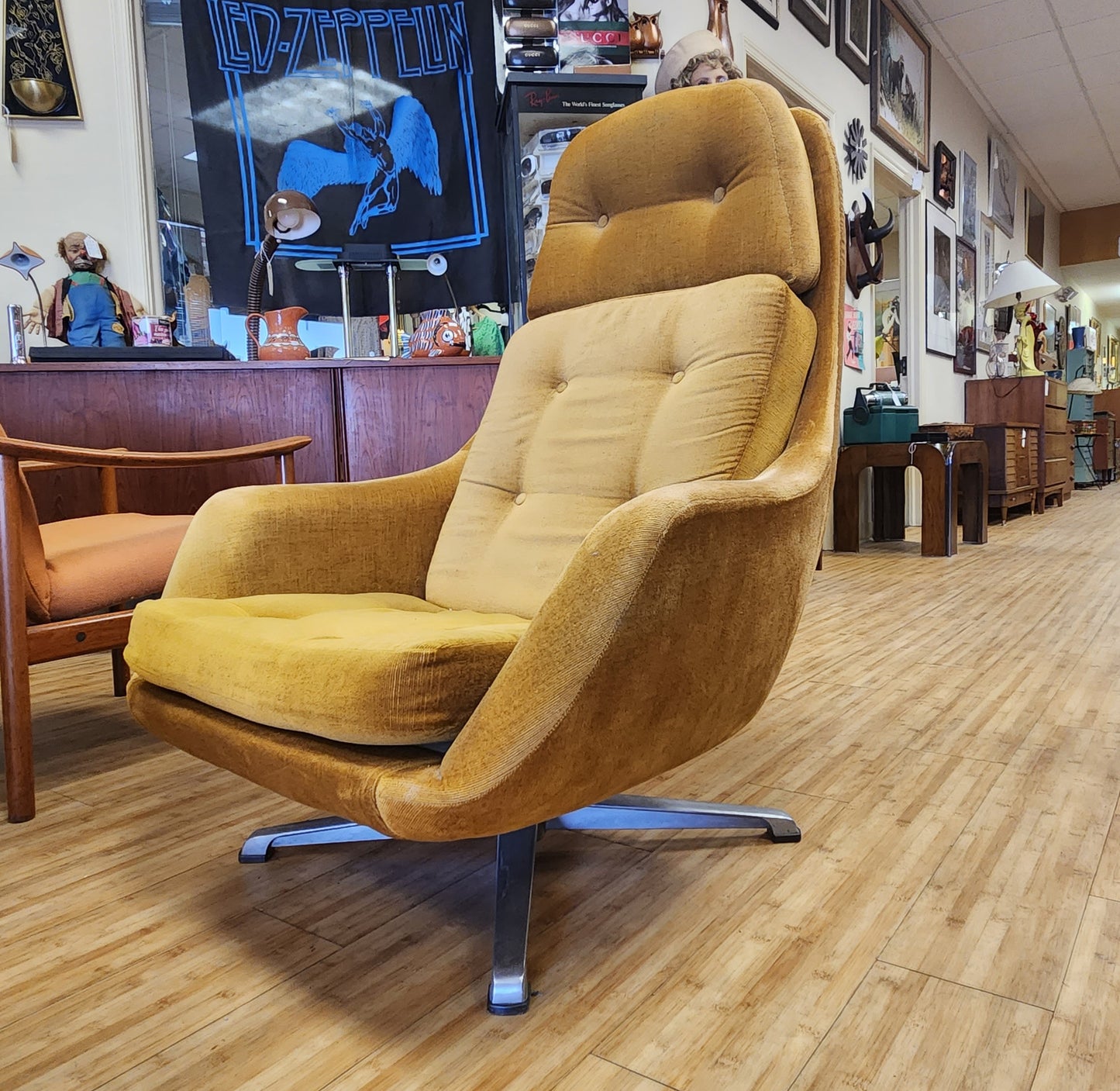 Mid-Century Velvet Overman Swedish Swivel Lounge Chair