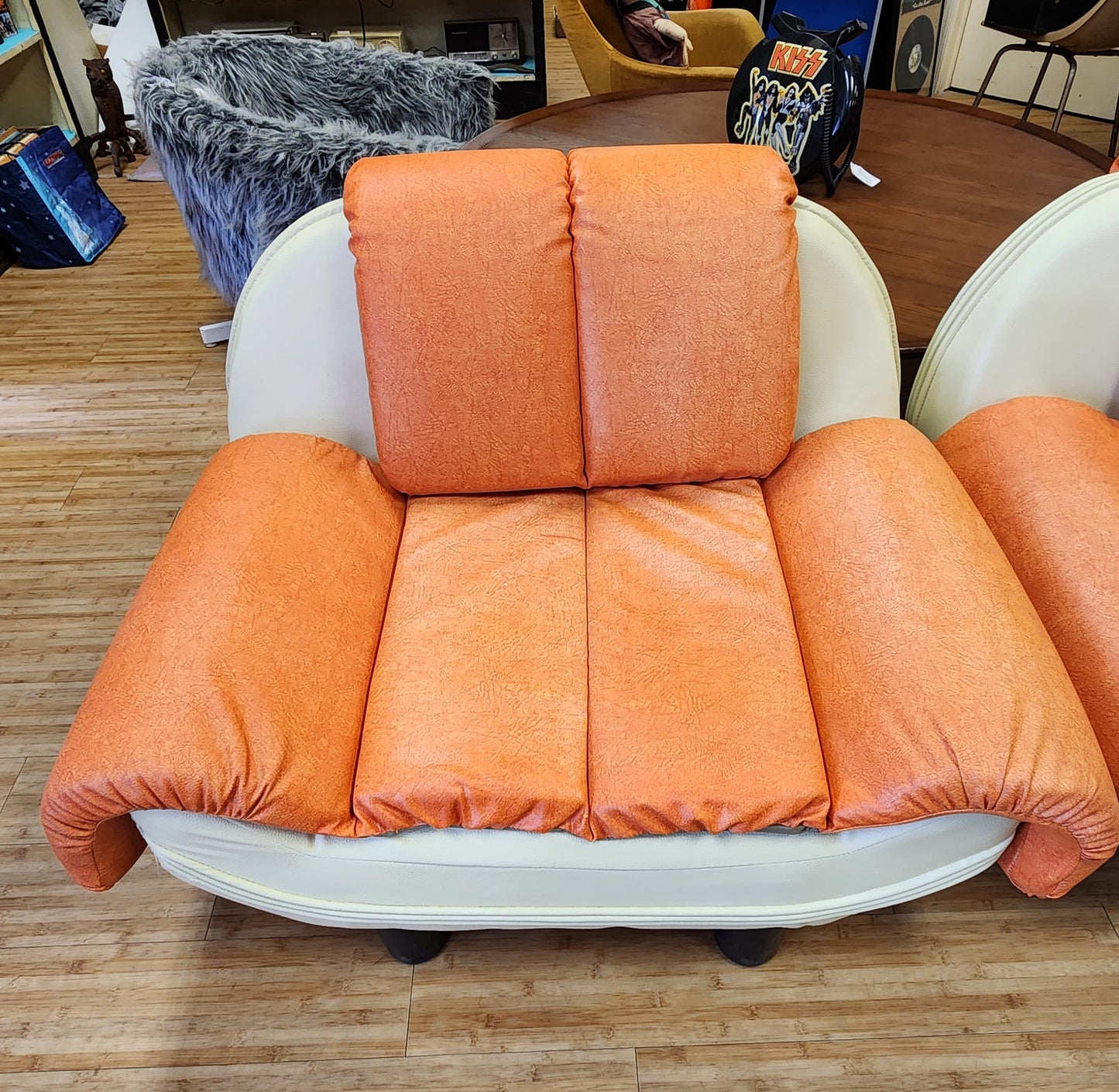 Pair of Vintage Funky Eclectic Orange & Cream Vinyl Lounge Chairs