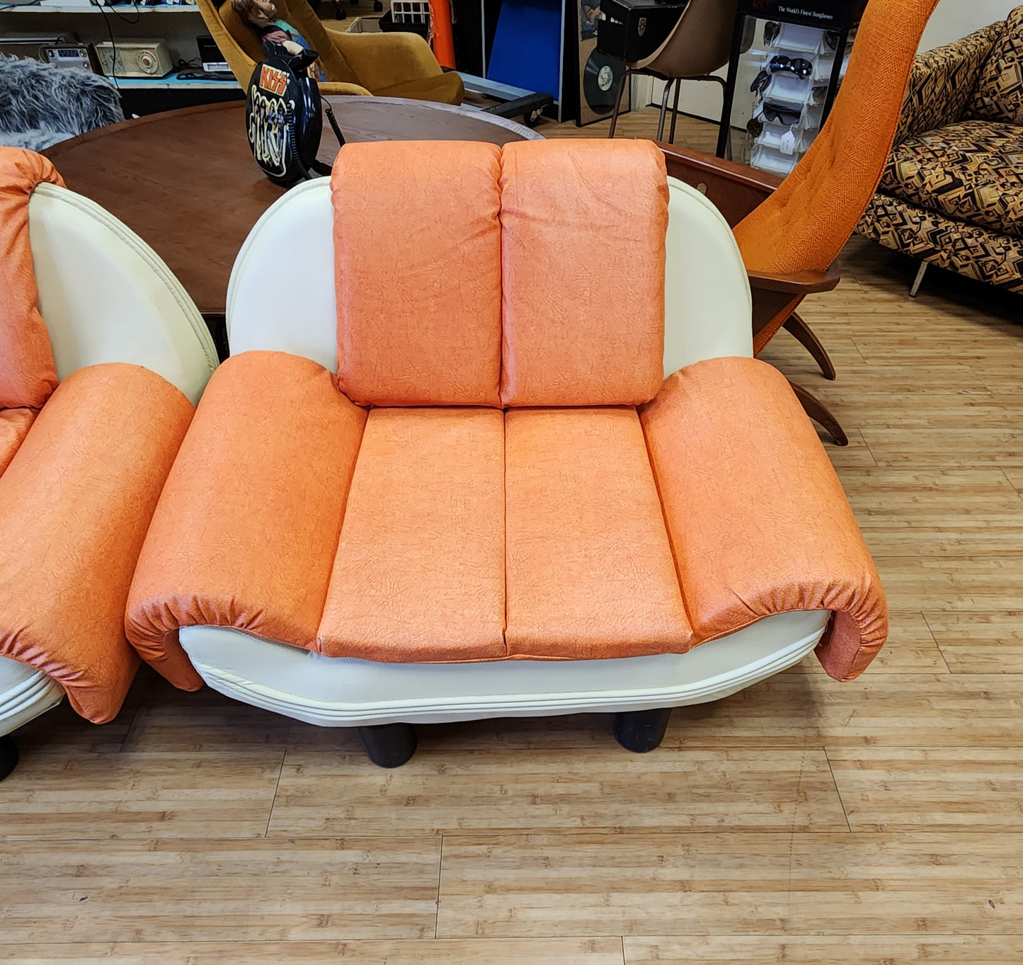 Pair of Vintage Funky Eclectic Orange & Cream Vinyl Lounge Chairs
