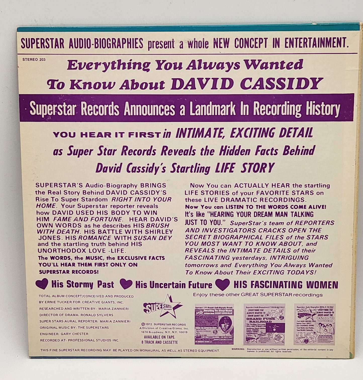 David Cassidy "Everything You Always Wanted To Know About" 1972 Biography Record Album