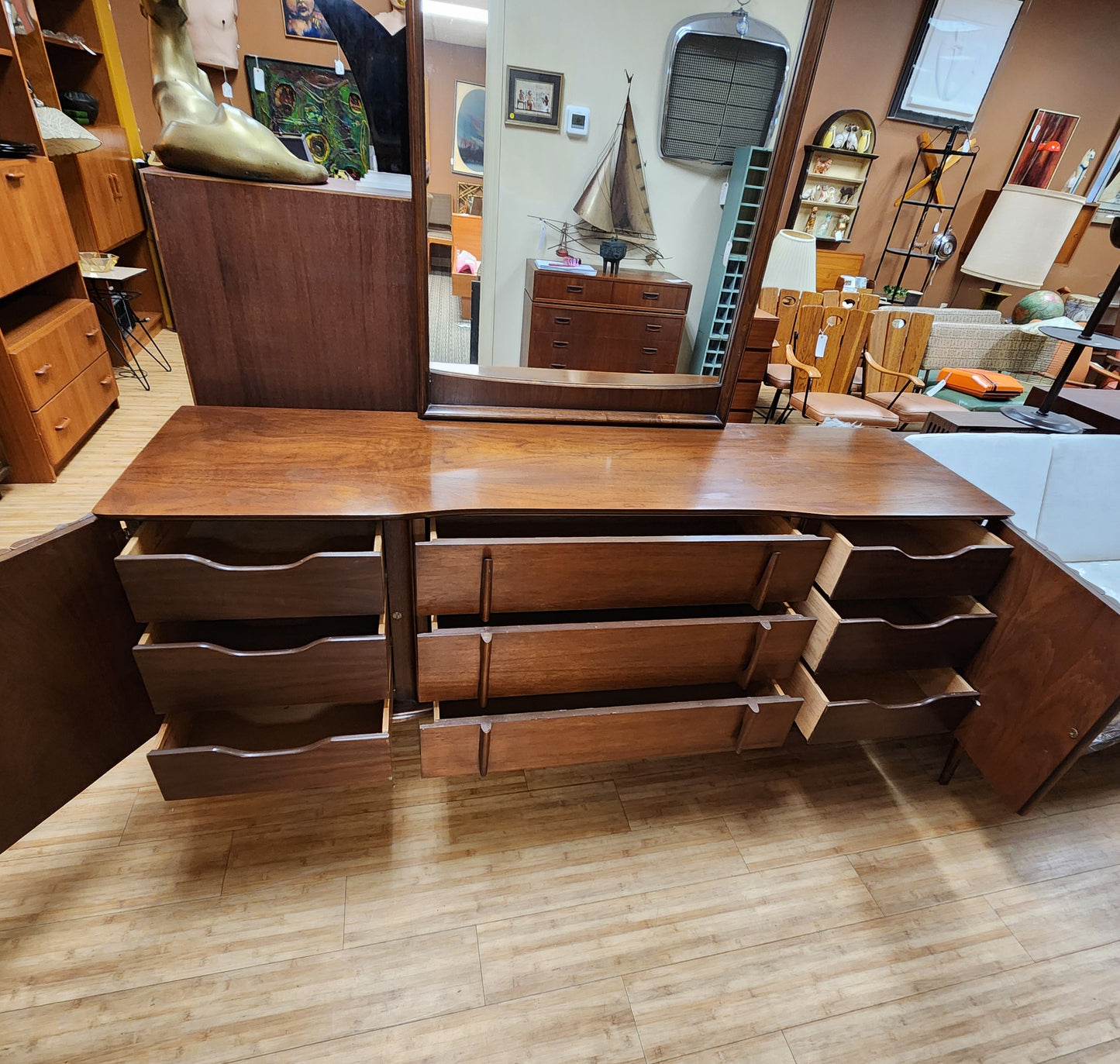 Mid-Century 9 Drawer Lowboy Dresser By United Furniture