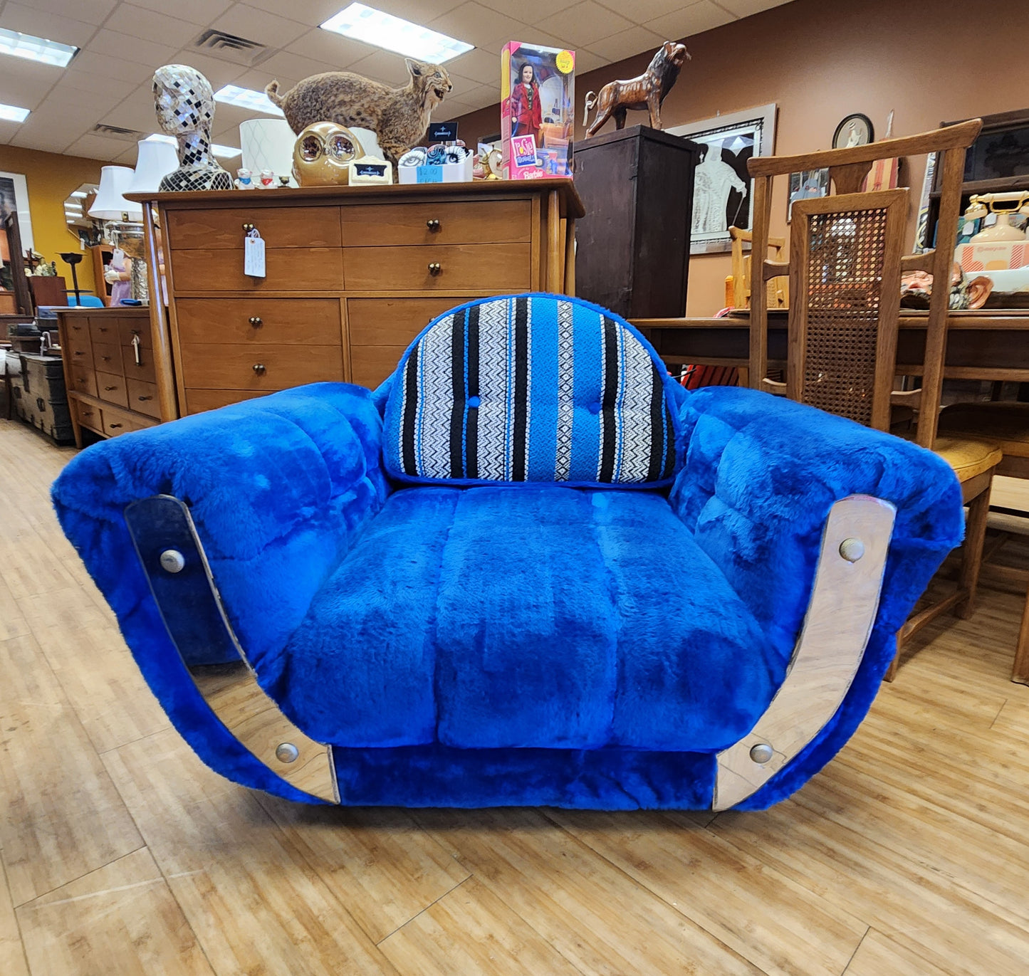Retro Mid-Century Electric Blue Shag Sofa & Lounge Chair Set