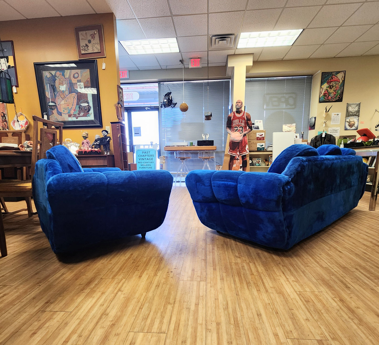 Retro Mid-Century Electric Blue Shag Sofa & Lounge Chair Set