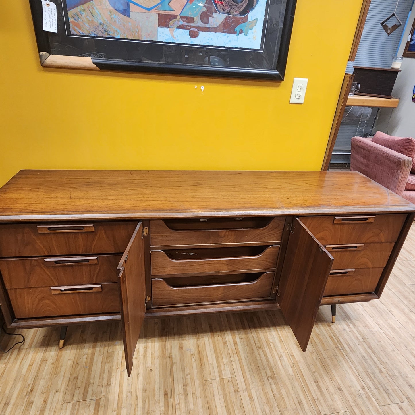 Mid-Century Modern Walnut Dresser On Attached Legs