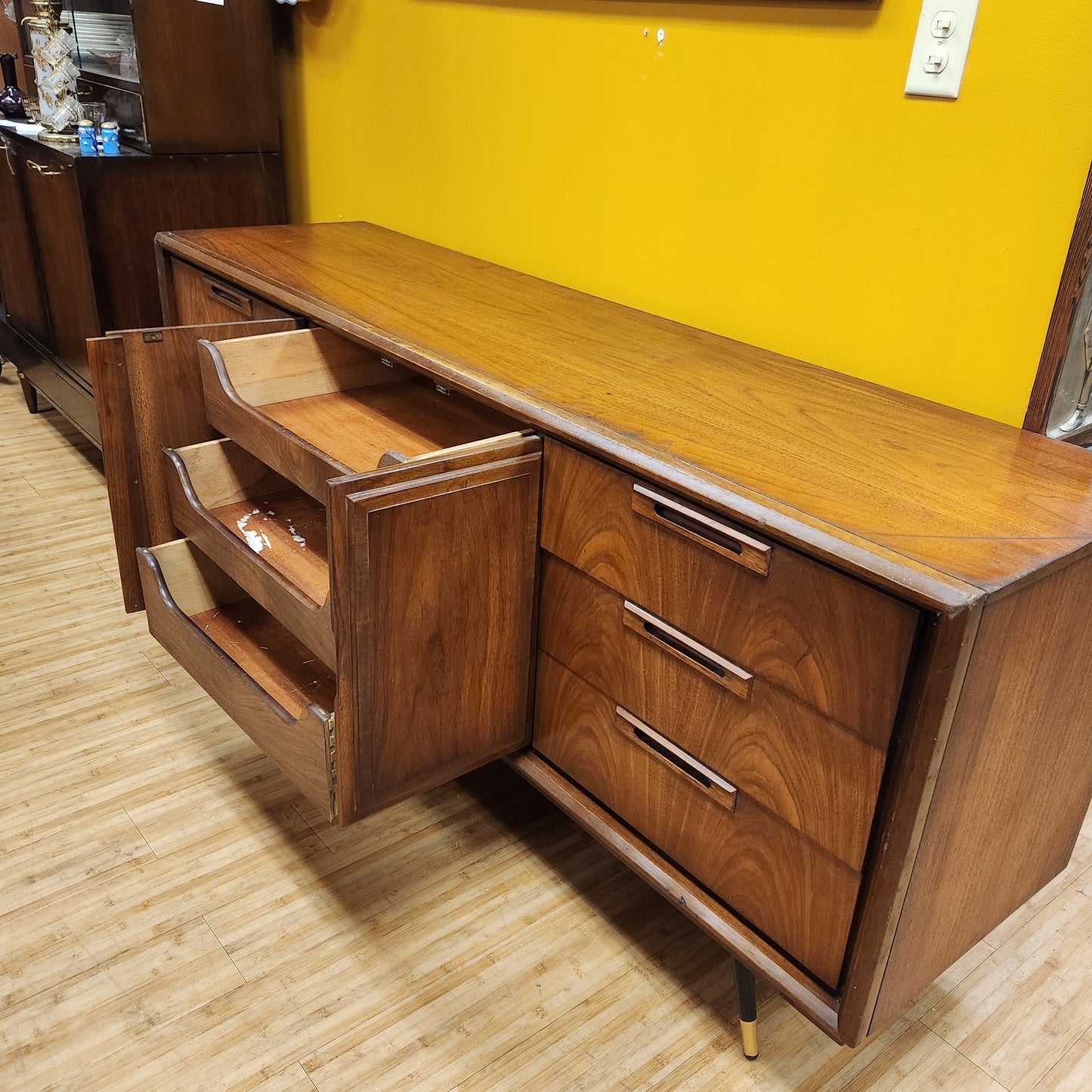 Mid-Century Modern Walnut Dresser On Attached Legs