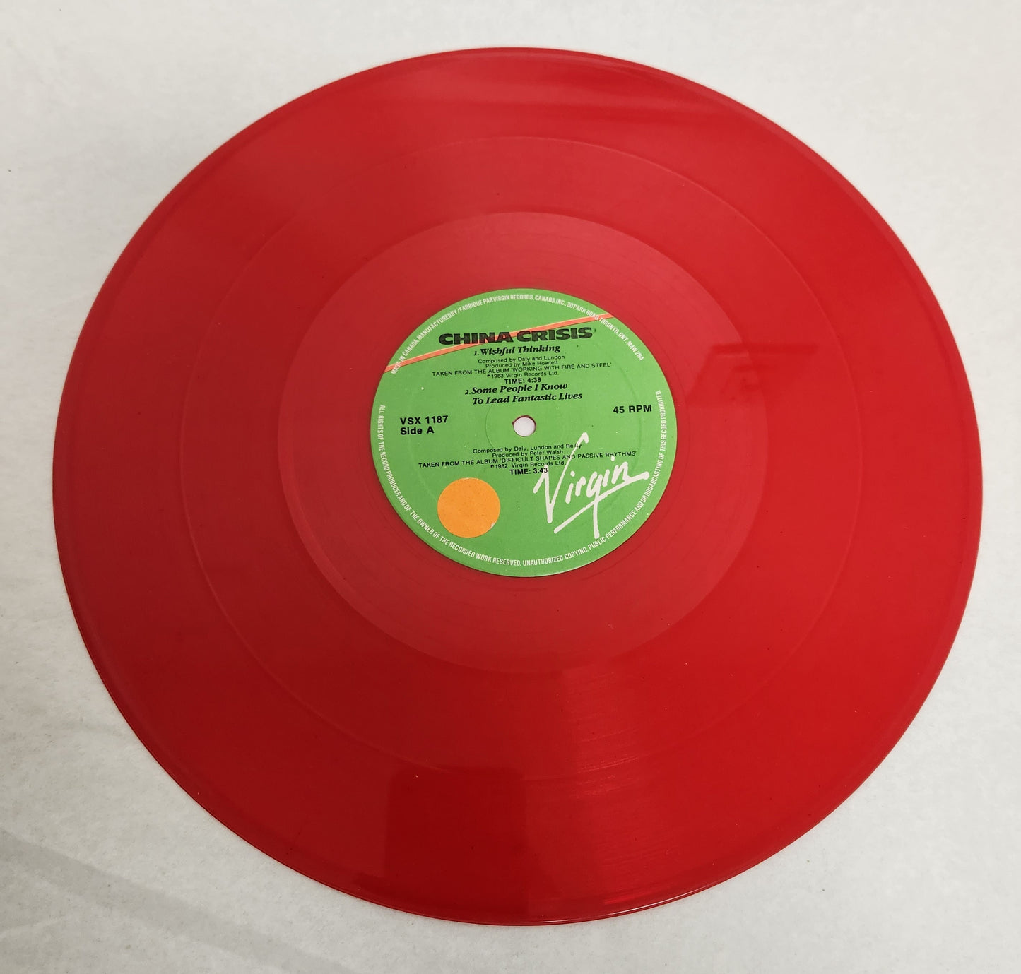 China Crisis "Wishful Thinking" 1983 Limited Edition 45 RPM Red Vinyl Electronic Pop Record Album