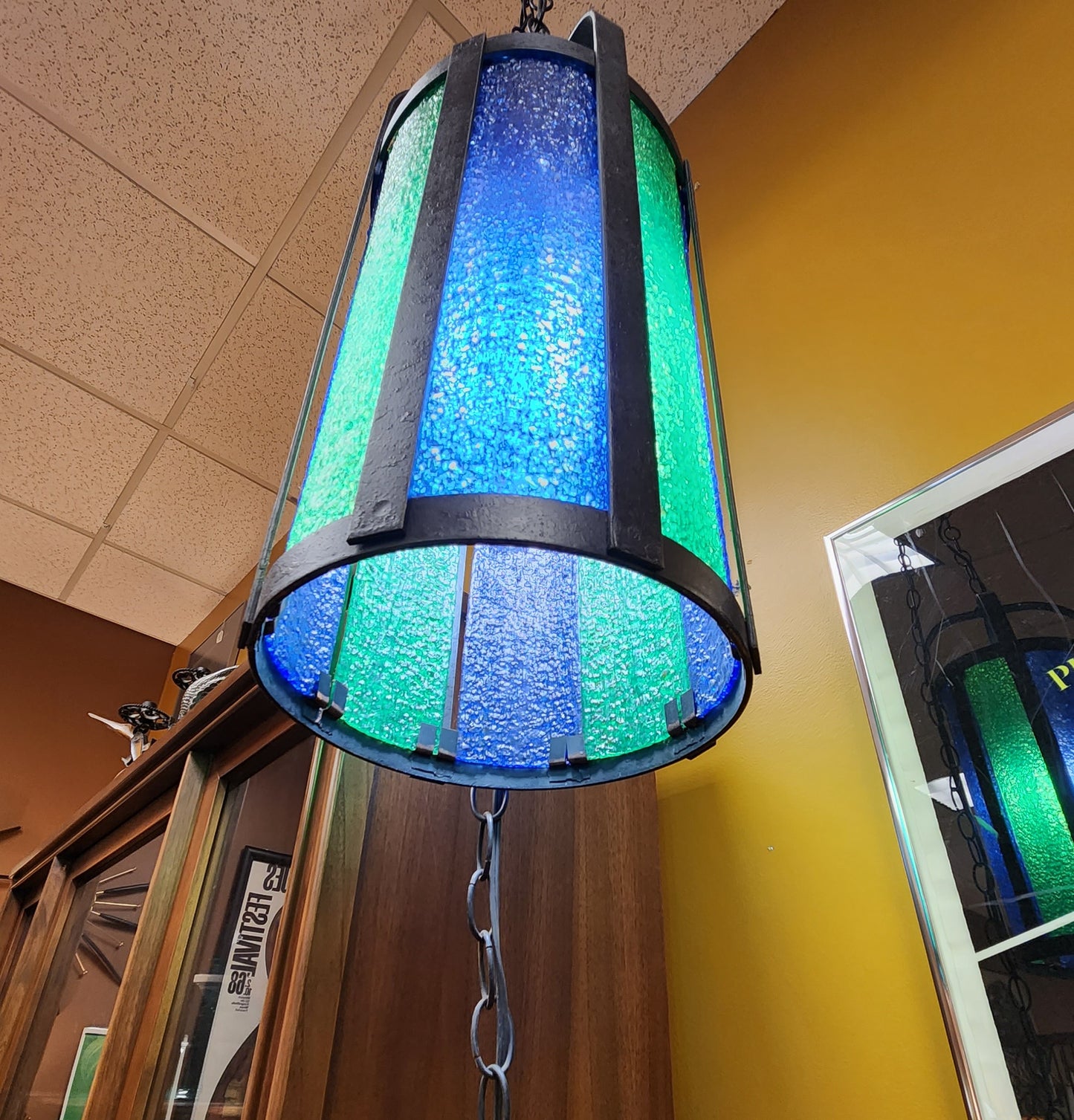 Vintage Iron Green & Blue Swag Light Lamp