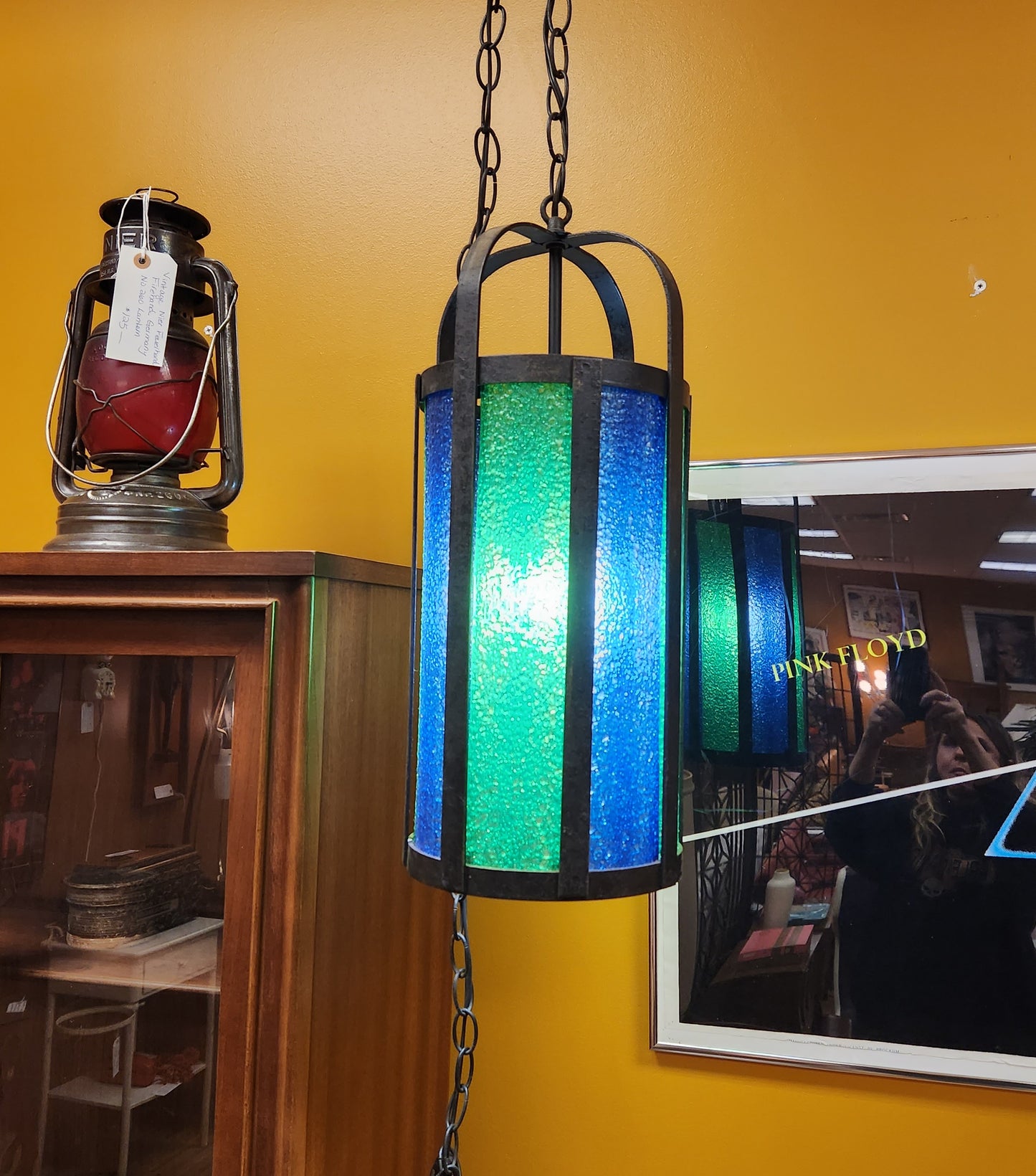 Vintage Iron Green & Blue Swag Light Lamp