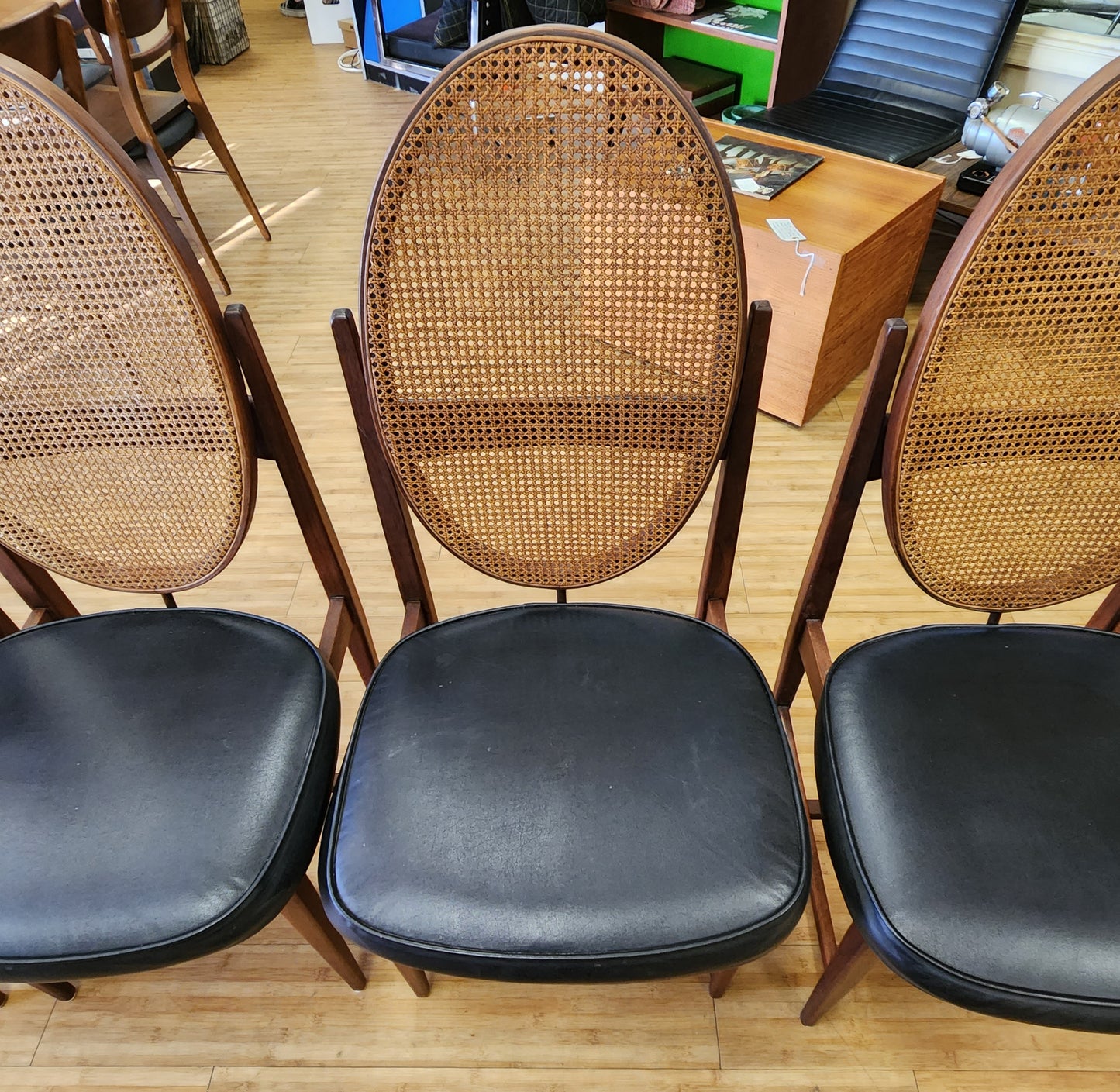 Set of 4 Mid-Century Modern Danish Walnut Cane Rush Dining Chairs