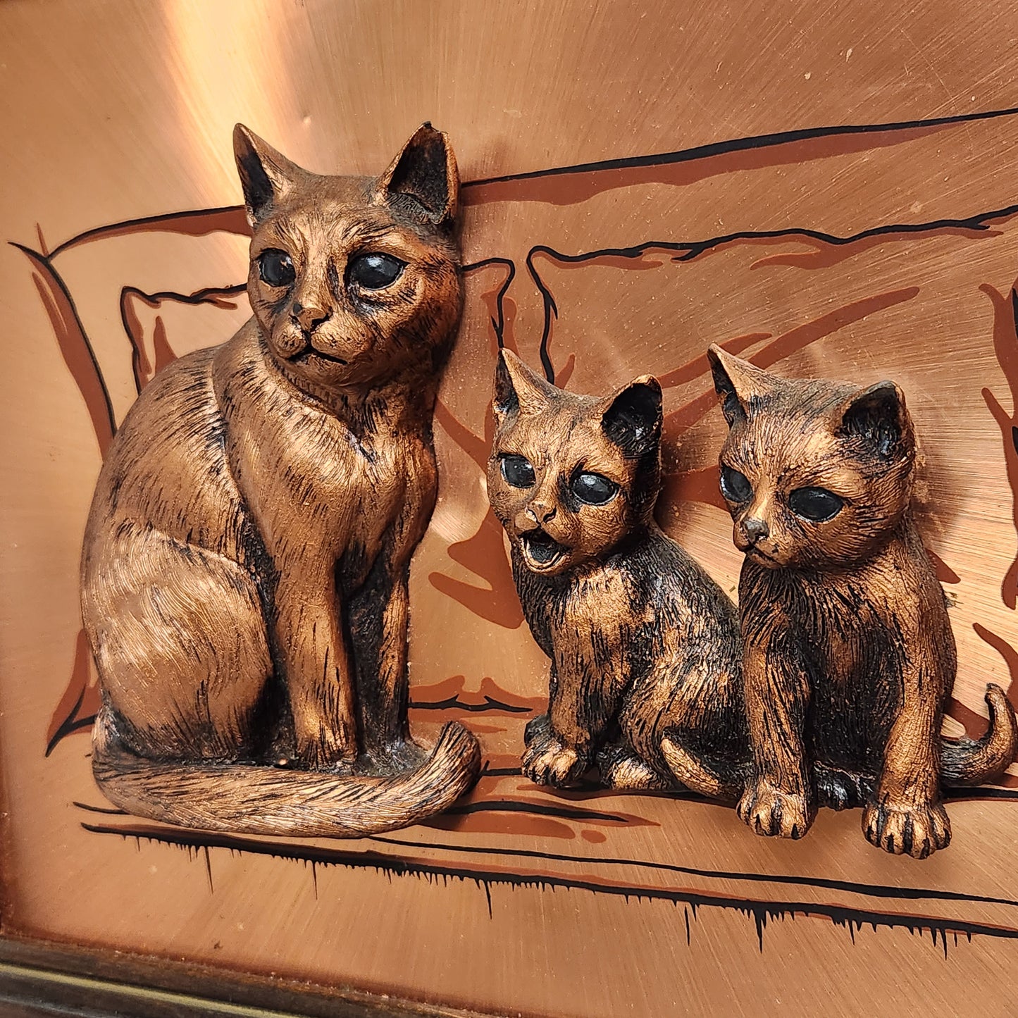 Vintage Copper & Wood Raised Relief 3D Cat Wall Art