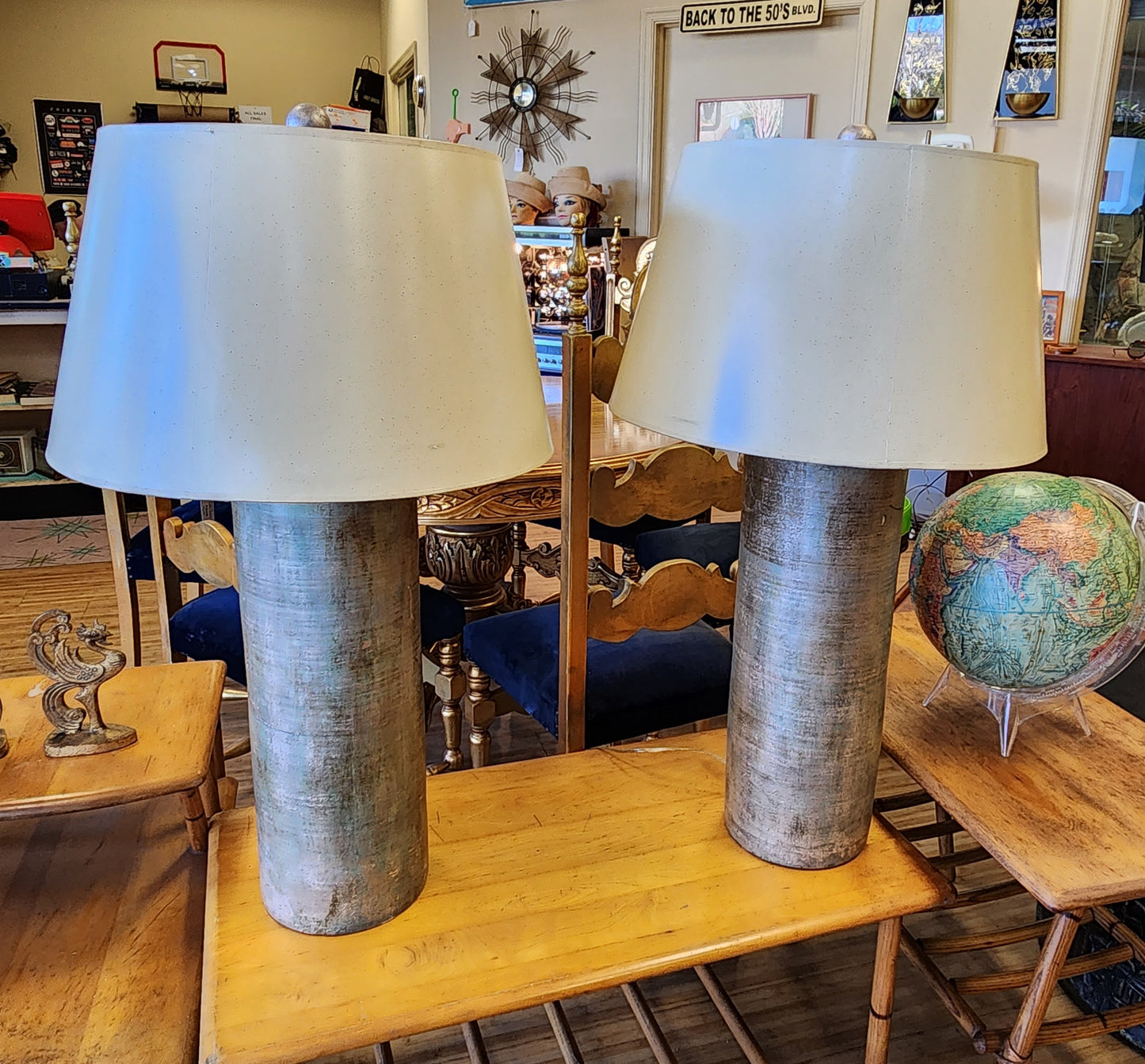 Pair of Signed Shagreen-Style Cylinder Pottery Table Lamps