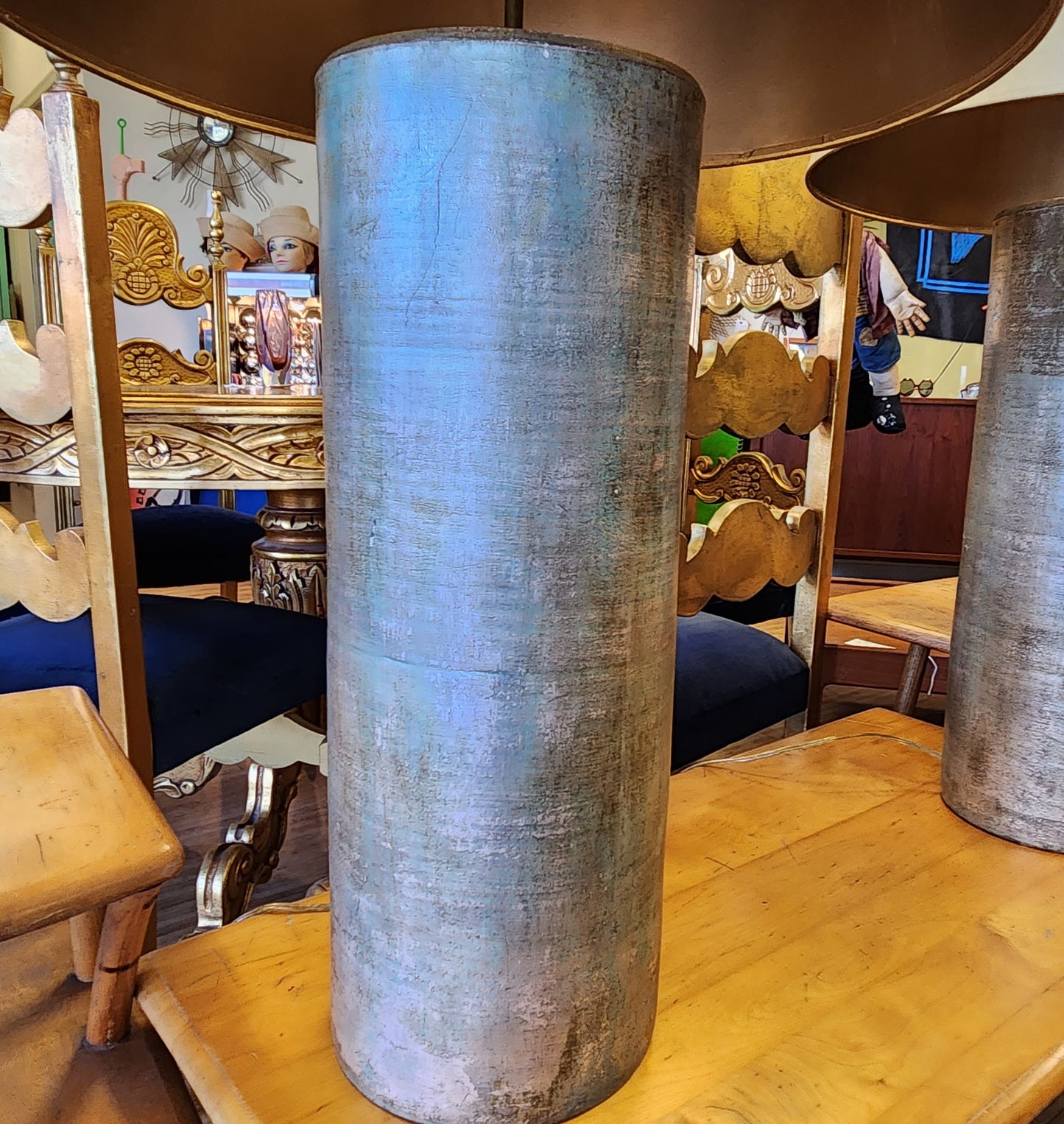 Pair of Signed Shagreen-Style Cylinder Pottery Table Lamps