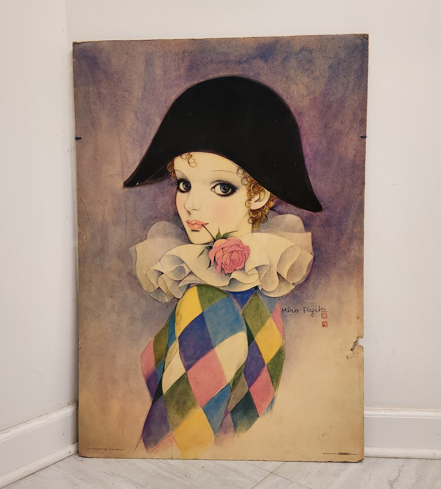 Vintage 1982 Mira Fujita "Harlequin With Rose" Clown Art