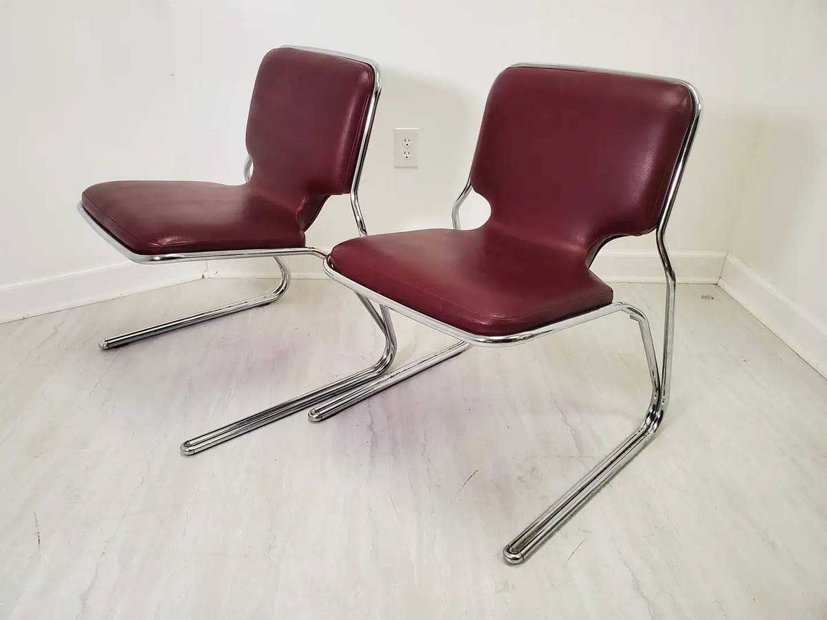Pair of Mid-Century Burgundy Leather & Chrome Cantilevered Chairs