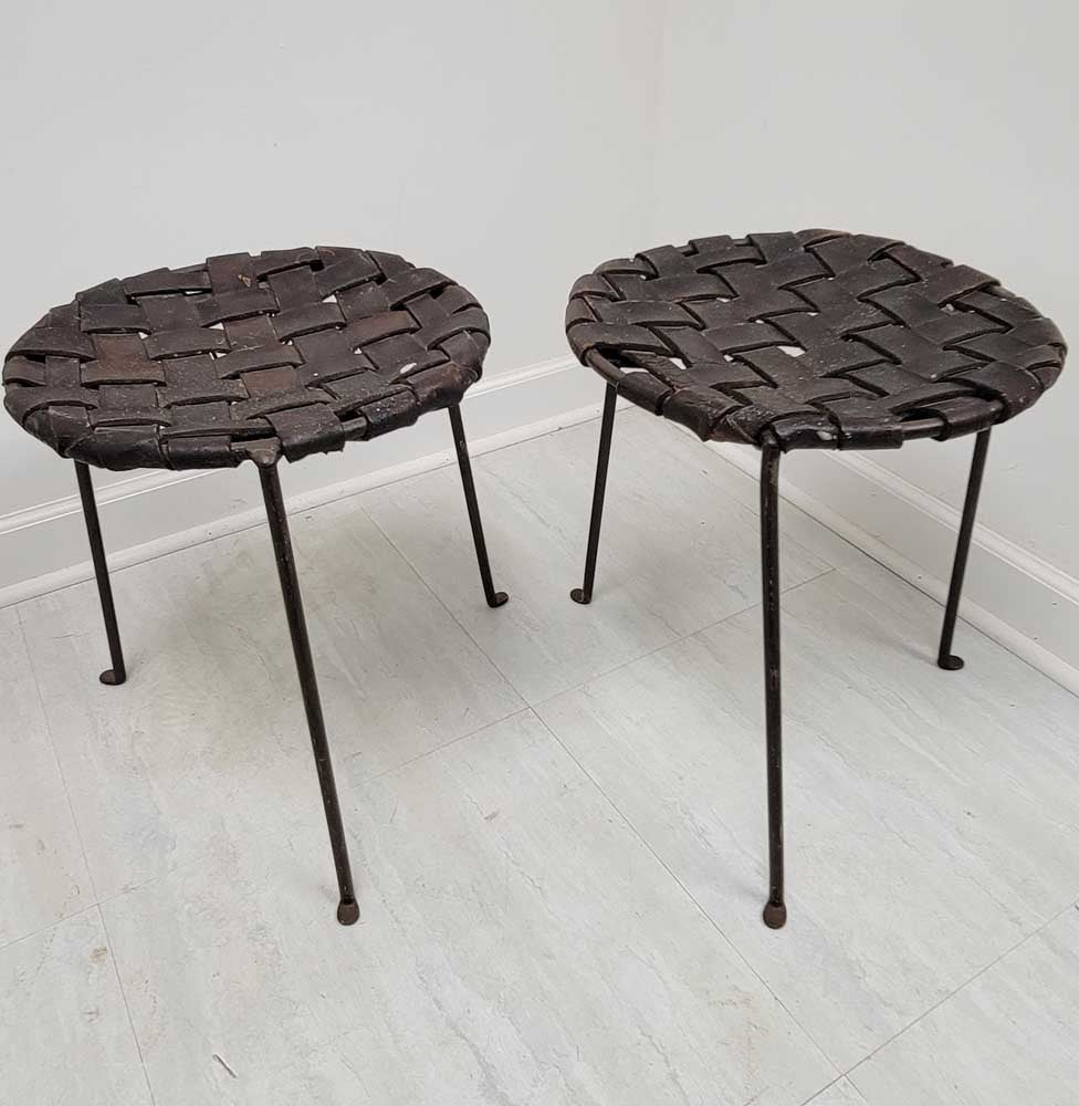 Pair of 2 Mid-Century Studio Craft Iron & Leather Stools by Lila Swift & Donald Monell