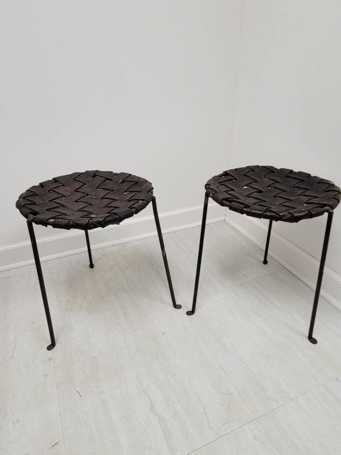 Pair of  Mid-Century Studio Craft Iron & Leather Stools by Swift & Monell