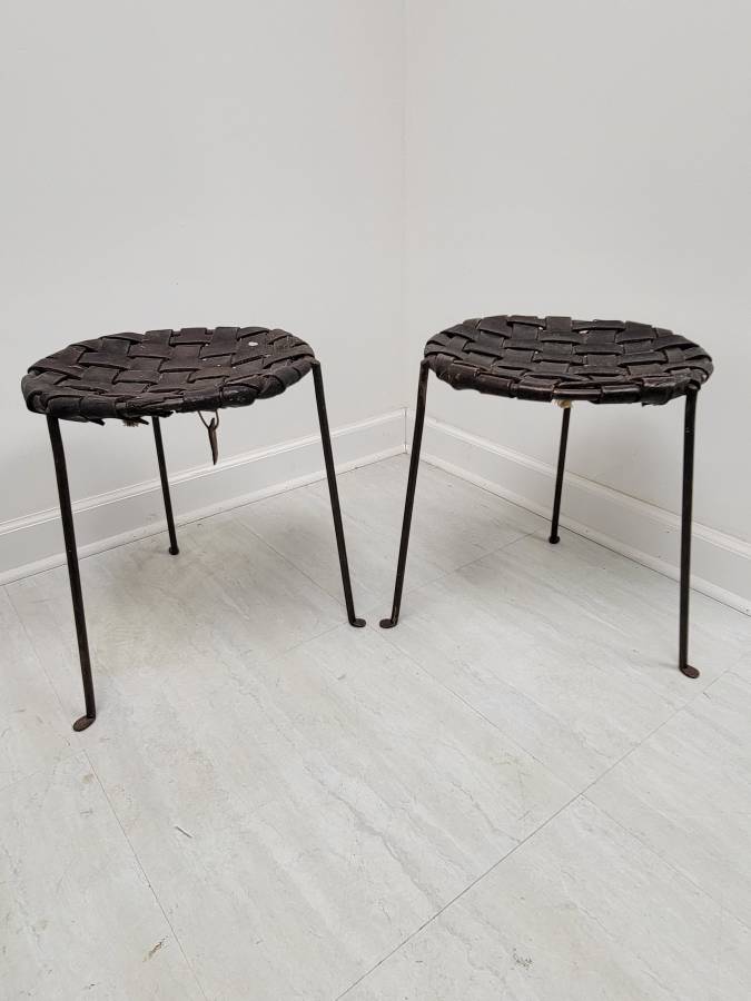 Pair of  Mid-Century Studio Craft Iron & Leather Stools by Swift & Monell