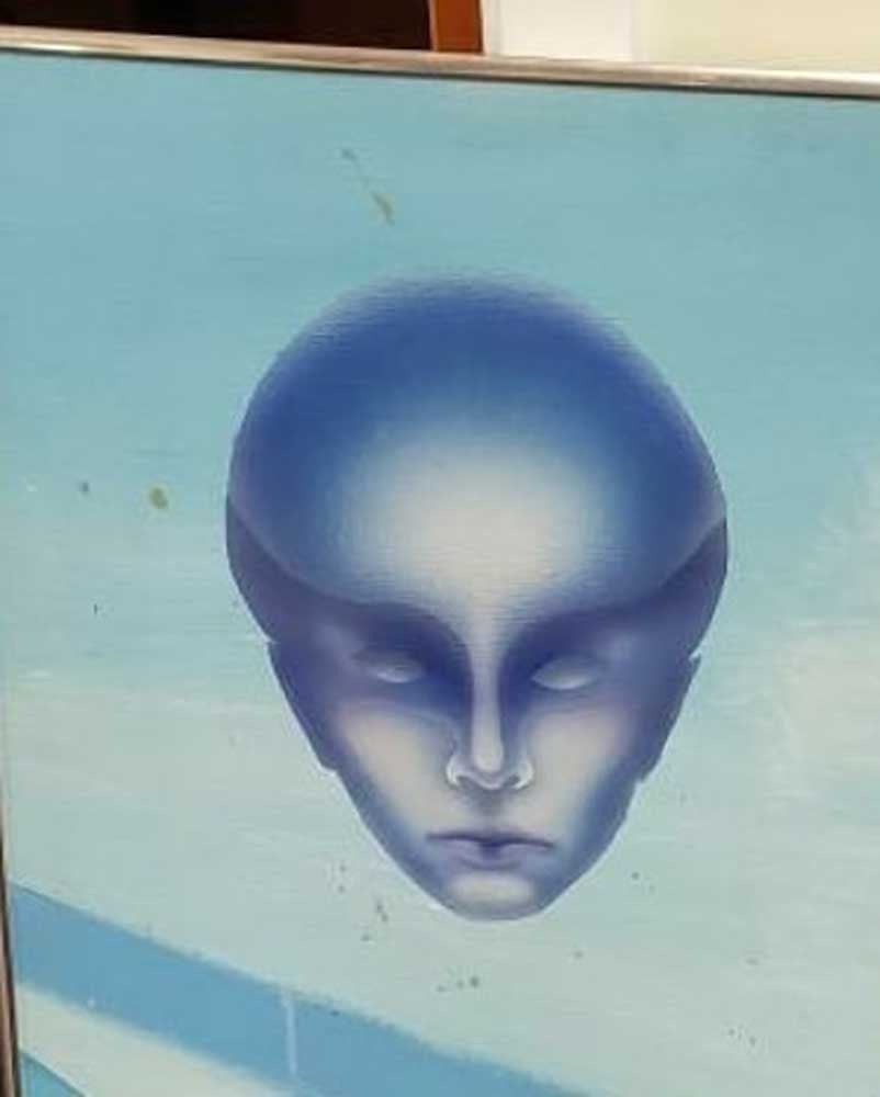 Vintage Alien & Rocket Oil on Canvas Painting