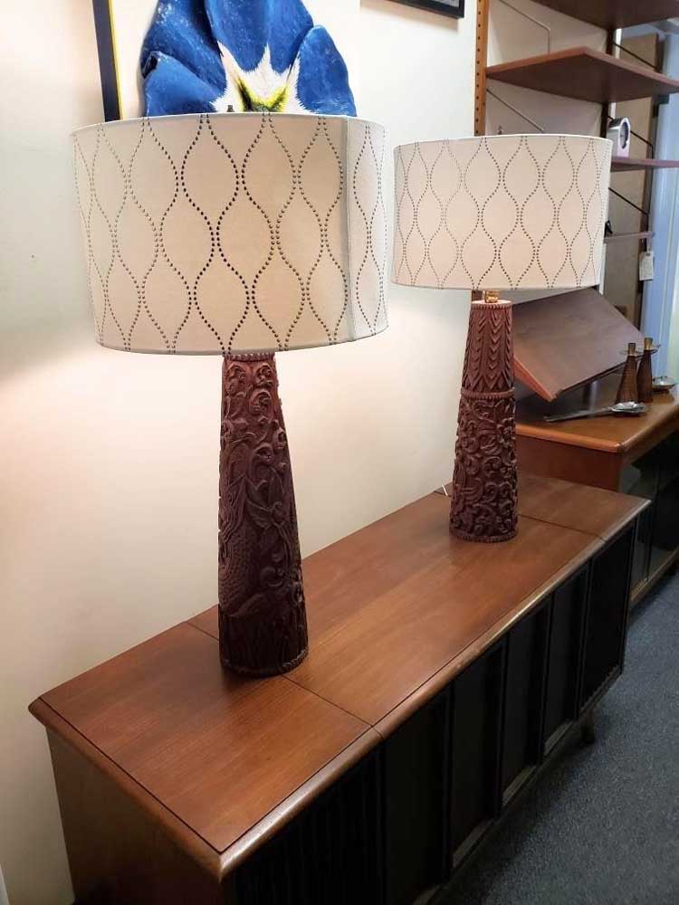 Pair of Mid-Century Carved Solid Wood Table Lamps
