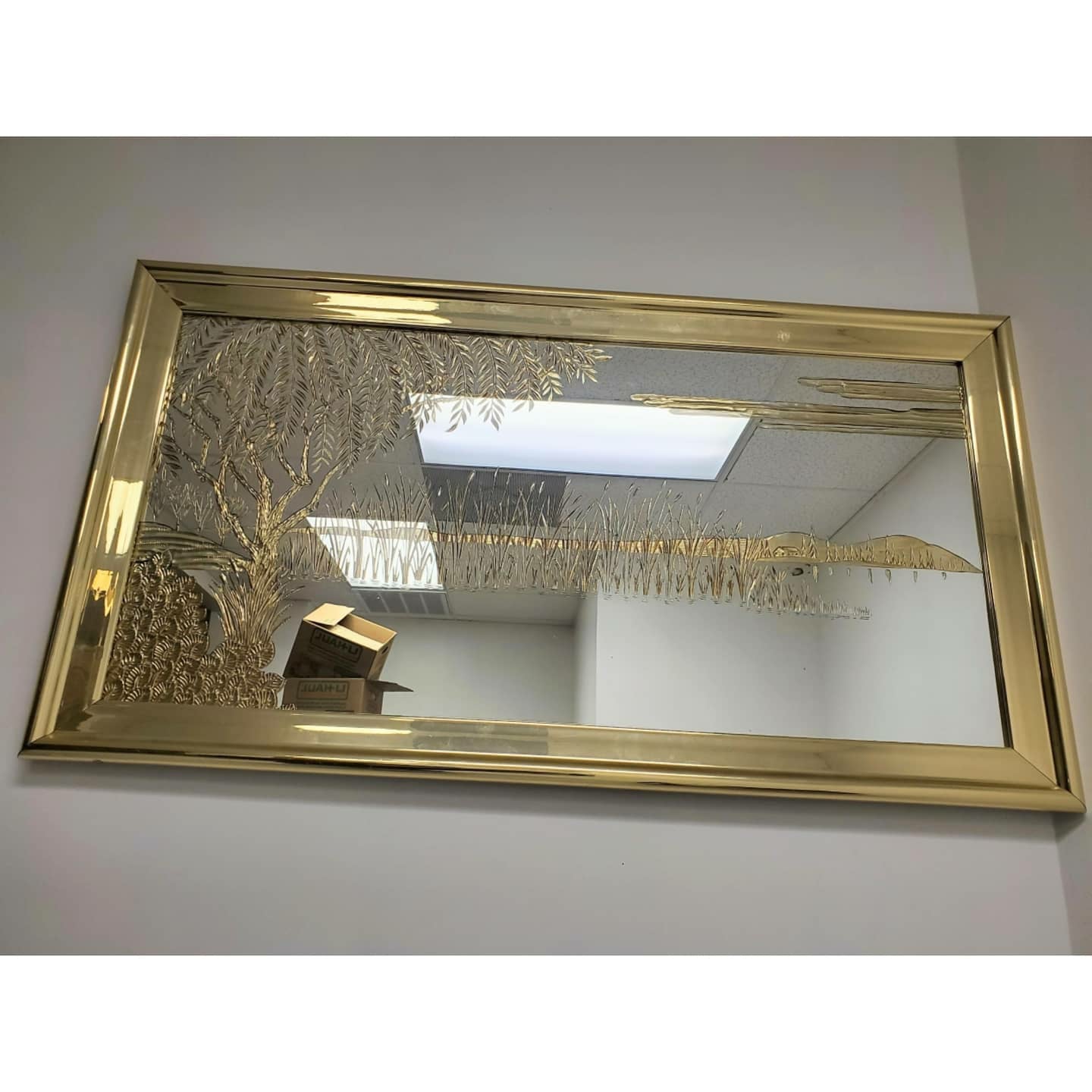 Postmodern Brass Hollywood Regency Style Chinoiserie Scenic Wall Mirror Art