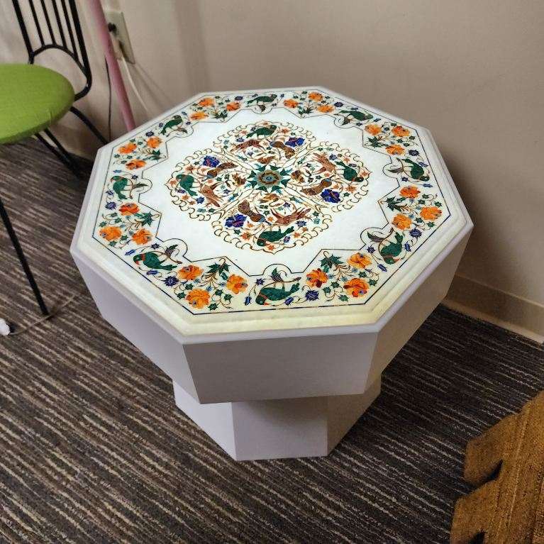 Kalakriti Custom-Made Octagon Marble Inlay Top Lighted Side Accent Table