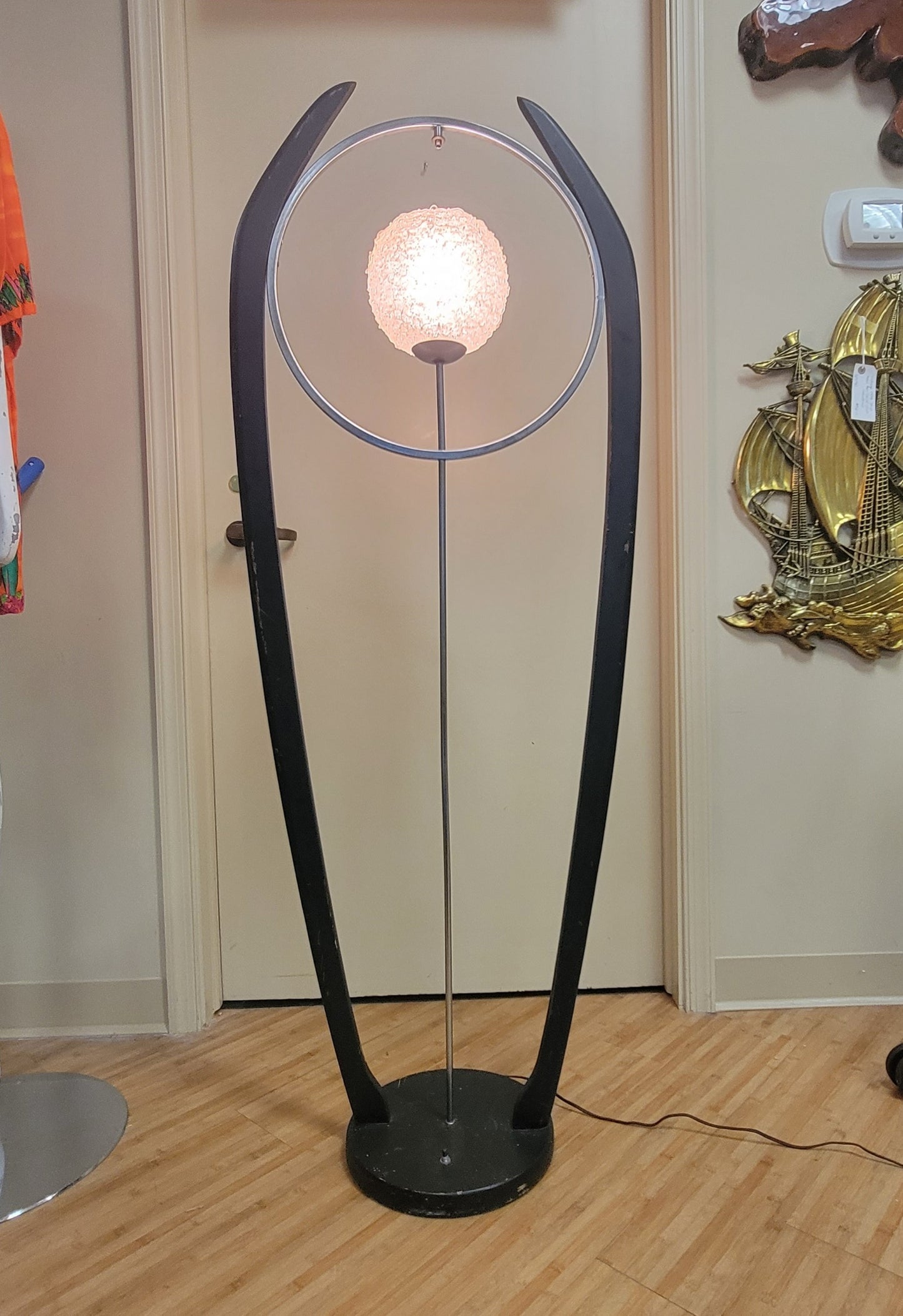 Retro Mid-Century Floor Lamp with Spaghetti Spun Resin Shade
