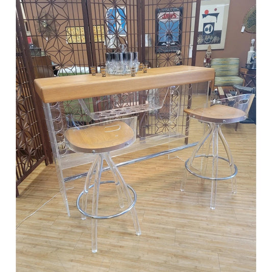 Mid-Century Modern Lucite & Wood Lighted Bar With 2 Stools