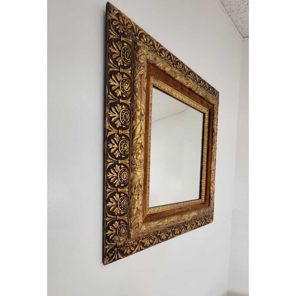 Hollywood Regency Mid-Century Velvet-Lined Solid Wood Mirror
