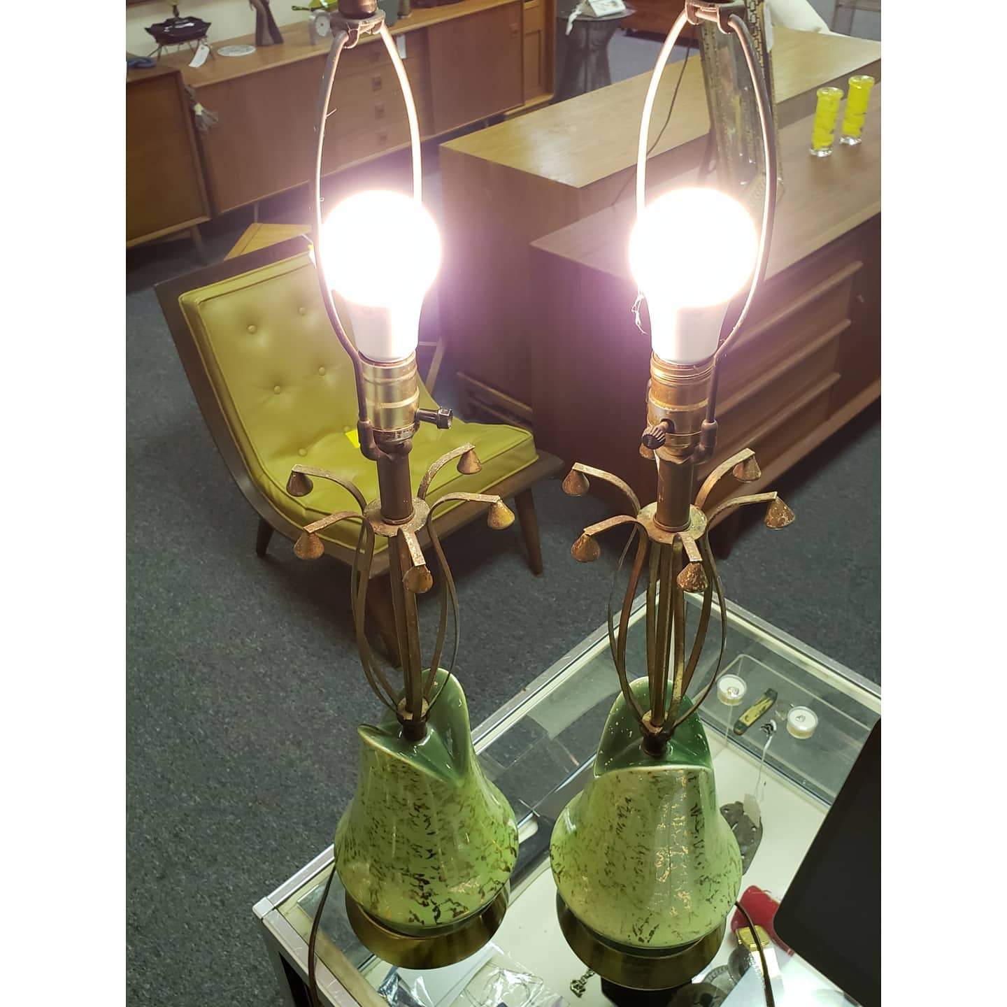 Pair of Mid-Century Retro Green & Gold Table Lamps