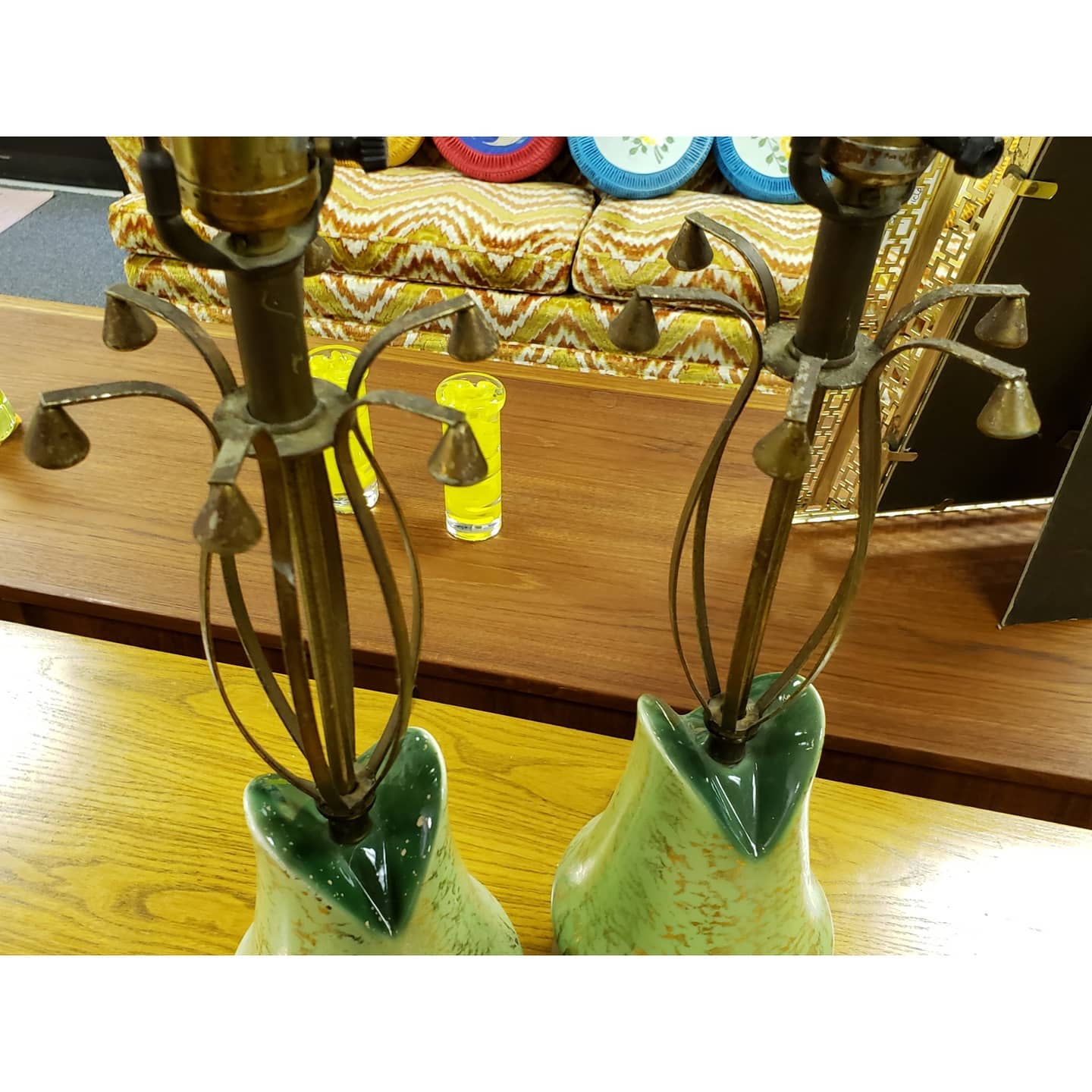 Pair of Mid-Century Retro Green & Gold Table Lamps